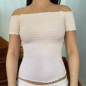 Prime Cut Off the Shoulder Lettuce Trim Smocked White Short Sleeves Top One Size